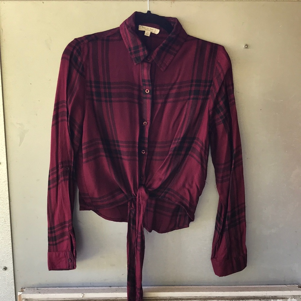 Burgundy Plaid Tie Waist Top
